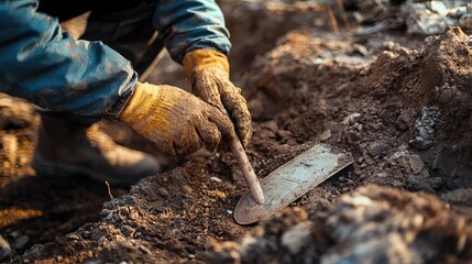 A close-up of a worker's hands digging in the soil with a metal tool, showcasing the effort and care in manual labor.