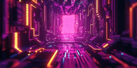 a futuristic city with neon lights and a long corridor