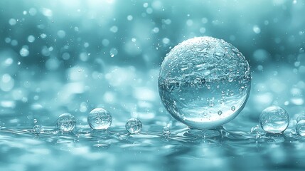 Water droplets and a reflective orb create a tranquil atmosphere on a serene surface with gentle ripples and soft reflections