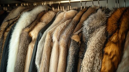 A collection of luxurious fur coats hanging elegantly, showcasing a range of textures and colors for fashion lovers.