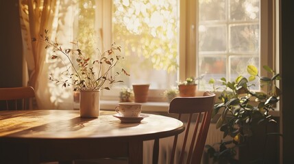 A cozy and sunlit dining area adorned with plants and a wooden table, perfect for relaxing moments and gatherings.