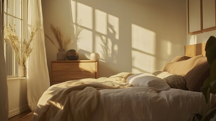 Fototapeta premium A cozy bedroom bathed in warm sunlight, featuring a neatly made bed, soft linens, and decorative plants for a serene atmosphere.