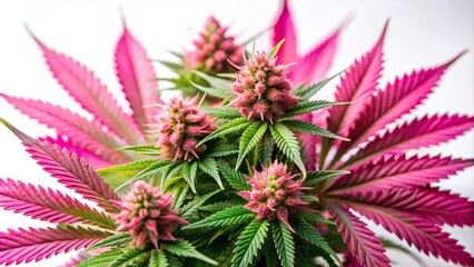 Pink cannabis flowers with green leaves photographed at a tilted angle on a white background