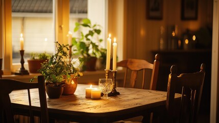 Fototapeta premium A cozy dining setting with candles and a plant, creating a warm and inviting atmosphere for intimate gatherings.