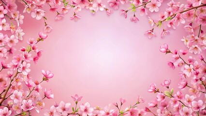 Fototapeta premium pink cherry blossom frame on pink background with selective focus