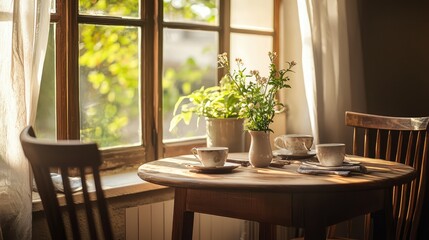 A cozy home setting featuring a wooden table with cups, a potted plant, and sunlight filtering through a window.