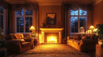 A cozy living room featuring warm lighting and a fireplace, perfect for relaxation and comfort during the evening.