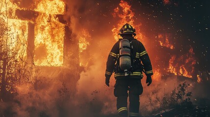 A determined firefighter faces raging flames, embodying courage and heroism in the fight against wildfires.
