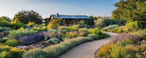 A sustainable garden center specializing in drought-resistant landscaping, selling tools made from recycled metals and organic gardening supplies