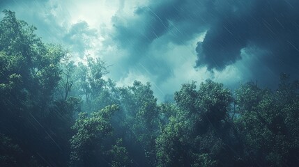 Fototapeta premium A dramatic forest scene under dark, stormy skies, capturing the essence of nature's raw beauty and power during a rainfall.