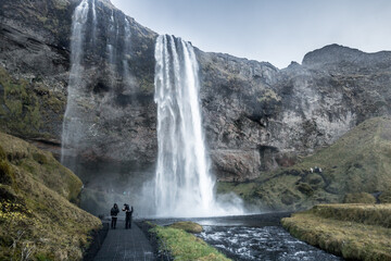 Fototapeta premium seljalandsfoss, waterfall, iceland, 60 meters, famous, path, tourist trail, attraction, viewpoint, golden circle
