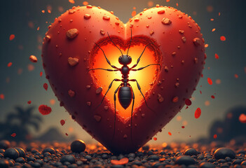 A large red heart-shaped object with a black ant silhouette visible inside, surrounded by smaller heart shapes and a glowing background