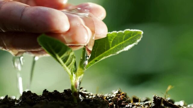 Farmer's hand watering a young plant