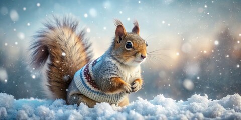 A delightful squirrel, cozy in its warm sweater, dances playfully amid a magical winter wonderland filled with fresh,