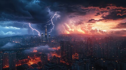 Obraz premium A dramatic skyline showcases a stormy sky with lightning and an intense sunset, illuminating the city amidst an apocalyptic scene.