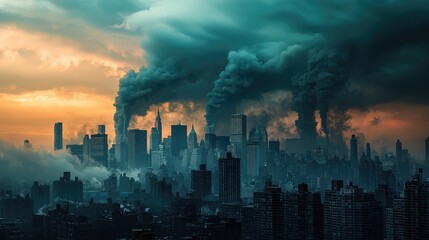 Obraz premium A dramatic skyline of a polluted city under dark clouds, showcasing environmental degradation and urban decay at sunset.