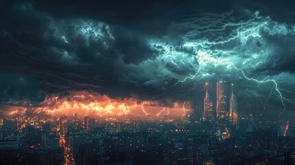 Obraz premium A dramatic storm engulfs a city skyline, featuring ominous clouds, lightning, and vibrant flames illuminating the urban landscape.