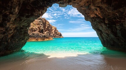 A large cave with a blue ocean in the background