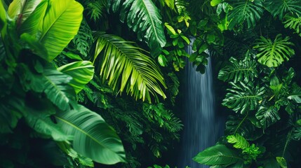 A lush green jungle with a waterfall in the middle