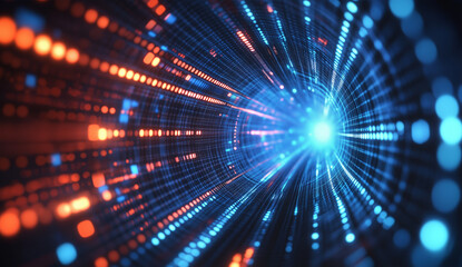 Obraz premium Digital Light Tunnel with Dynamic Blue and Orange Glowing Particles in a Futuristic Abstract Design