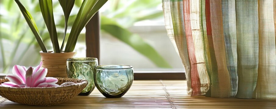 A sustainable home decor store featuring recycled glass decor, bamboo furniture, and hand-woven organic fabric curtains