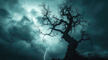 A foreboding silhouette of a twisted tree against a stormy sky illuminated by lightning, creating a dramatic and eerie atmosphere.