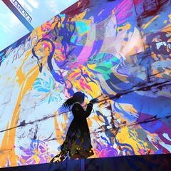 Vibrant Mural Painting Adorning Urban City Wall with Colorful Abstract Expression
