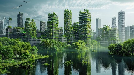 A futuristic cityscape with lush greenery, eco-friendly buildings, and serene water reflecting a harmonious urban environment.