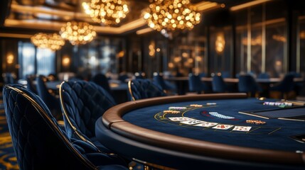 A luxurious casino interior featuring an elegant poker table surrounded by chairs, with ornate chandeliers providing a warm ambiance.