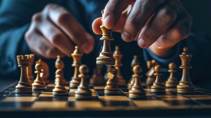 Player strategically moves chess piece on wooden board with focused expression.