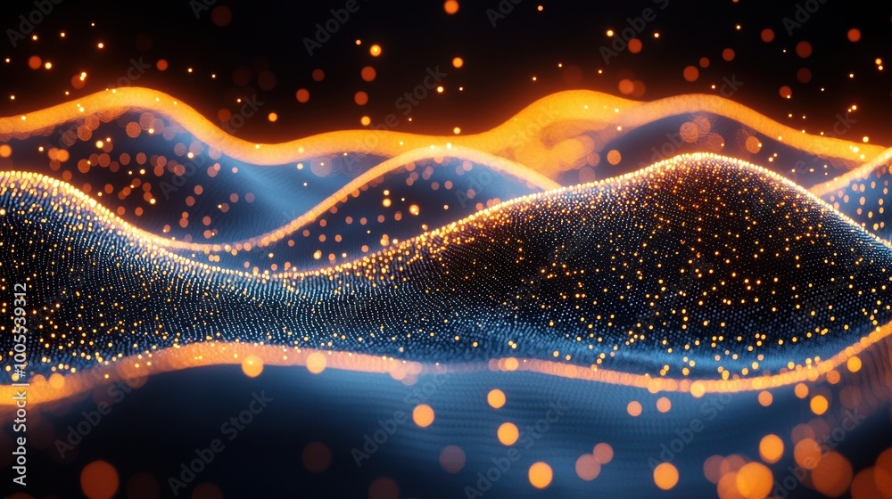 Poster abstract wave patterns adorned with glowing particles create a mesmerizing display of light and moti