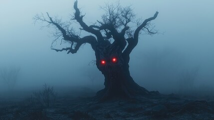 A haunted tree with glowing red eyes emerges from a thick fog, creating an eerie and mystical atmosphere in a dark landscape.