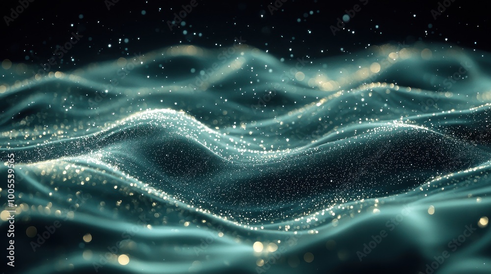 Poster abstract representation of flowing waves with shimmering particles in a dark space, creating a mesme