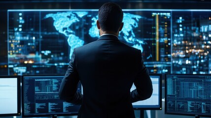 Fototapeta premium Professional man analyzing data on multiple computer screens in modern office.