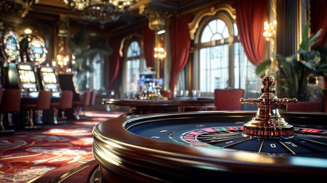 A luxurious casino interior with a roulette table, elegant decor, and vibrant colors creating a lively gambling atmosphere.