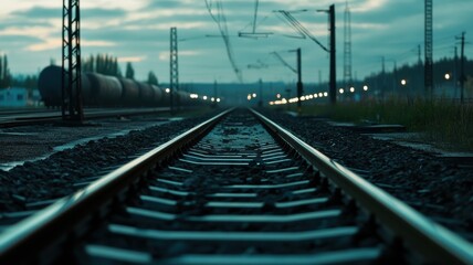 Obraz premium Railway tracks converging into the horizon under a moody sky