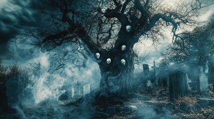 Obraz premium A haunting scene featuring a gnarled tree with ghostly figures, shrouded in mist among eerie gravestones at twilight.