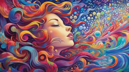 A vibrant, colorful depiction of a woman's profile with flowing hair.