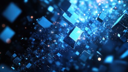 Fototapeta premium Abstract Blue Cubes with Glowing Particles