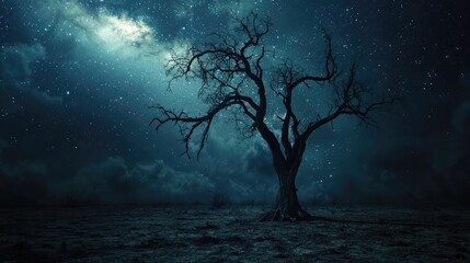 A haunting silhouette of a barren tree under a starry night sky, creating an atmosphere of mystery and solitude.