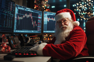 Santa Claus working at a trading desk with computer monitors displaying stock market charts. Concept of finance, holidays, and humorous juxtaposition of Santa in a modern work environment.