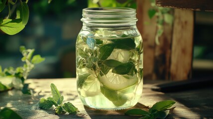 Refreshing herb-infused drink in a jar surrounded by greenery.
