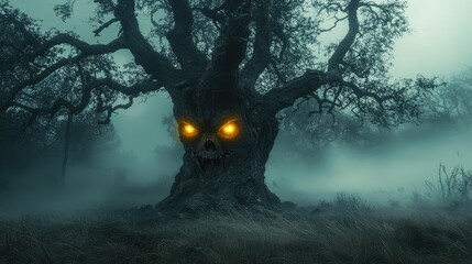 A haunting tree with glowing eyes, shrouded in mist, evokes a sense of mystery and enchantment in a dark forest.