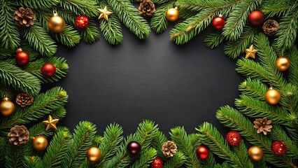 An exquisite Christmas border featuring fir embellishments on a black canvas, suitable for inserting festive messages