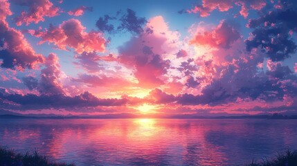 Vibrant sunset over calm waters with colorful clouds reflecting in the serene lake at dusk