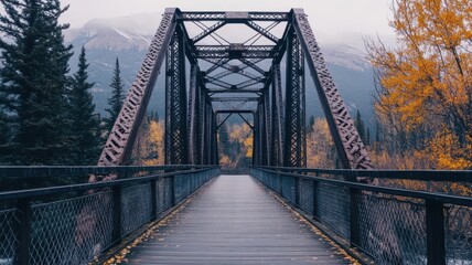 Obraz premium Rustic iron bridge surrounded by autumn foliage and mountains.