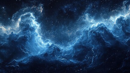 Obraz premium Majestic swirling clouds of deep blue and turquoise in the vast expanse of the night sky illuminated by distant stars