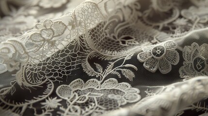 Obraz premium Delicate White Lace Fabric with Floral Embroidery