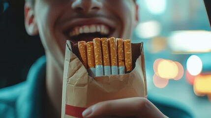 A joyful person holding a pack of snacks, showcasing their bright smile against a blurred urban background.