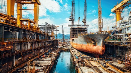 A large ship under construction in a bustling shipyard, showcasing cranes, waterway, and industrial machinery against a bright sky.